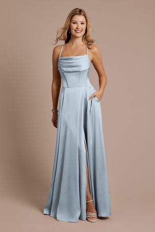 Picture of Matte Satin Cowl Neck Spaghetti Strap A-Line Dress