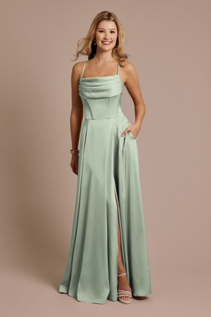 Picture of Matte Satin Cowl Neck Spaghetti Strap A-Line Dress