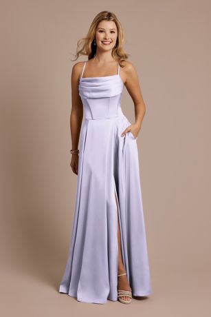 Picture of Matte Satin Cowl Neck Spaghetti Strap A-Line Dress