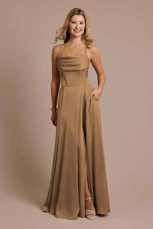 Picture of Matte Satin Cowl Neck Spaghetti Strap A-Line Dress