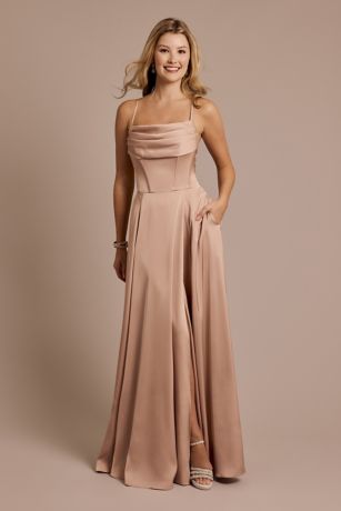 Picture of Matte Satin Cowl Neck Spaghetti Strap A-Line Dress