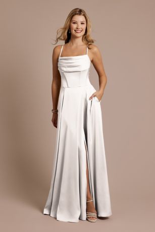 Picture of Matte Satin Cowl Neck Spaghetti Strap A-Line Dress