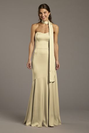 Picture of Matte Satin Strapless Sweetheart Dress with Scarf