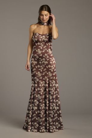 Picture of Floral Matte Satin Sweetheart Dress with Scarf