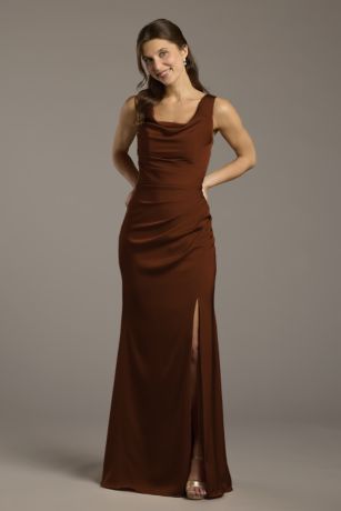 Picture of Galina Signature Matte Satin Cowl Neck Sheath Dress in Chocolate Size: 28 David's Bridal
