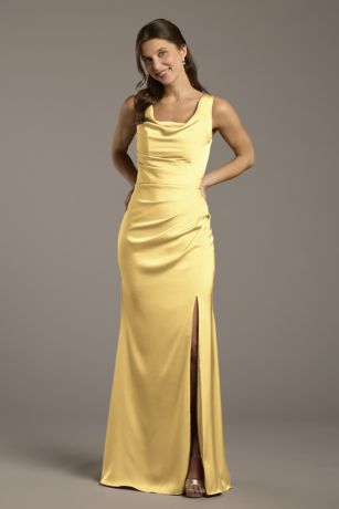 Picture of Galina Signature Matte Satin Cowl Neck Sheath Dress in Pale Yellow Size: 12 David's Bridal