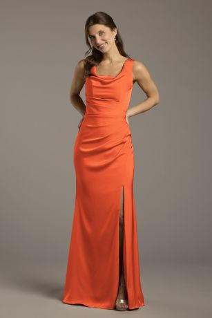 Picture of Galina Signature Matte Satin Cowl Neck Sheath Dress in Sunset Coral Size: 28 David's Bridal