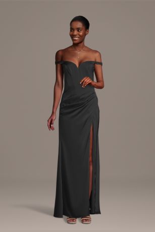 Picture of Galina Signature Matte Satin Drop Waist Off-The-Shoulder Dress in Black Size: Large David's Bridal