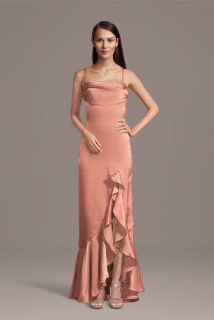 Picture of Galina Signature Charmeuse Cowl Neck Ruffle Skirt Sheath Dress in Desert Coral Size: 2X David's Bridal