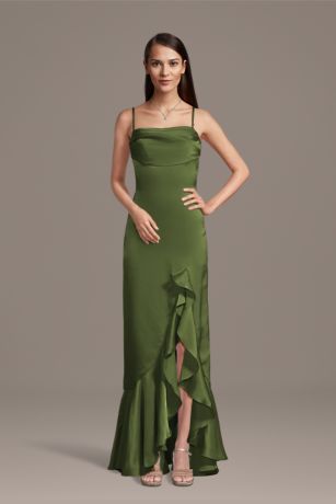 Picture of Galina Signature Charmeuse Cowl Neck Ruffle Skirt Sheath Dress in Martini Olive Size: 1X David's Bridal