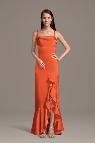 Picture of Galina Signature Charmeuse Cowl Neck Ruffle Skirt Sheath Dress in Sunset Coral Size: Small David's Bridal