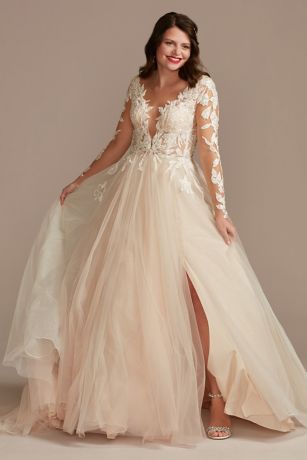 Galina Signature Illusion Plunge Lace Appliqued Wedding Dress in Ivory/Cashmere Cocoa Size: 14 David's Bridal