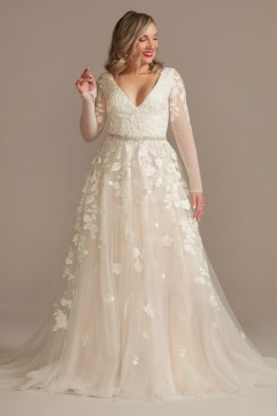 Galina Signature Illusion Long Sleeve Wedding Dress in Solid White Size: 8 David's Bridal