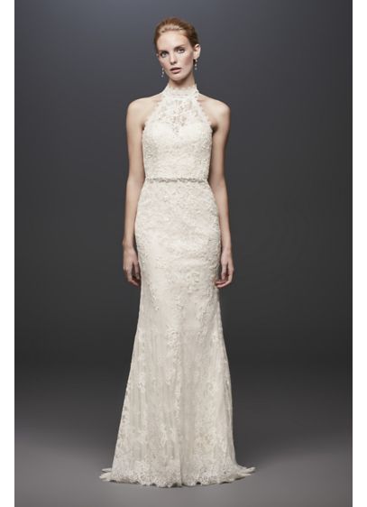 Linear Lace High Neck Halter Sheath Wedding Dress David Linear Lace High Neck Halter Sheath Wedding Dress David