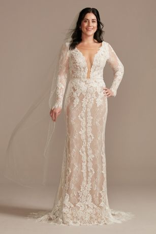 Illusion Plunge Sleeved Tall Lace Wedding Dress | David's ...