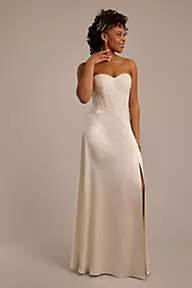 DB Studio Lace Appliqued Strapless Charmeuse Wedding Dress