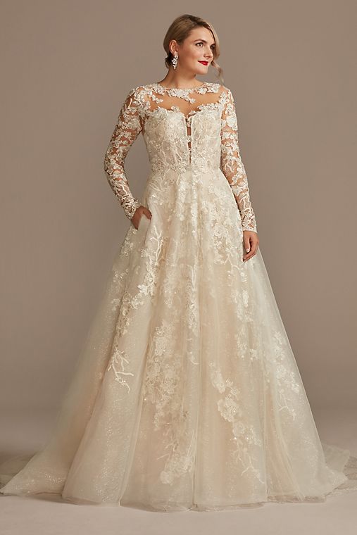 Oleg Cassini Lace Illusion Long Sleeve Ball Gown Wedding Dress