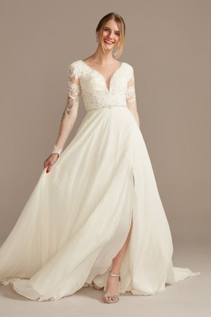 Galina Signature Applique Illusion Chiffon Plus Size Wedding Dress in White Size: 4 David's Bridal