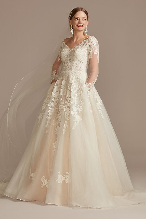 David's Bridal Collection Lace and Tulle Long Sleeve Ball Gown Wedding Dress