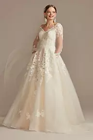 David's Bridal Collection Lace and Tulle Long Sleeve Ball Gown Wedding Dress