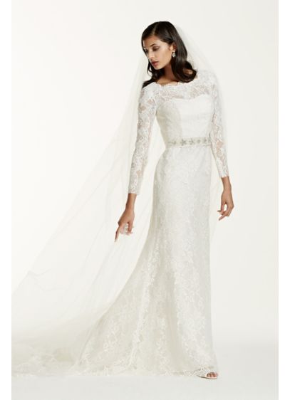 Extra Length Lace Long Sleeve Beaded Sheath Gown | David's Bridal