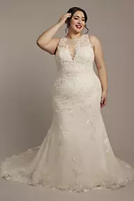 Beaded Lace High Neck Halter Mermaid Wedding Dress