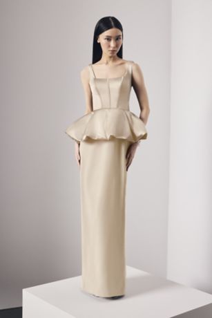 Picture of Satin Corset Bodice Peplum Dress with Crepe Skirt