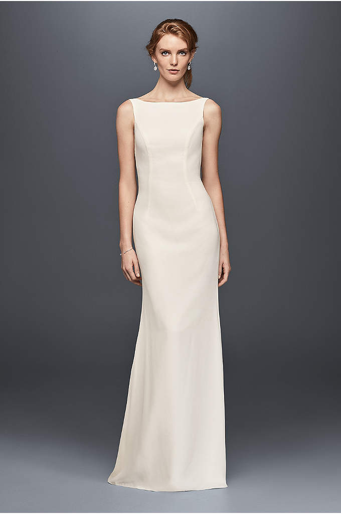 Jeweled Crepe Sheath Wedding Dress with Low Back - Davids Bridal