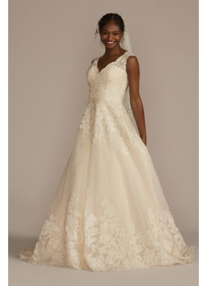V Neck Scalloped Lace and Tulle Wedding Dress David s Bridal V Neck Scalloped Lace and Tulle Wedding Dress David s Bridal