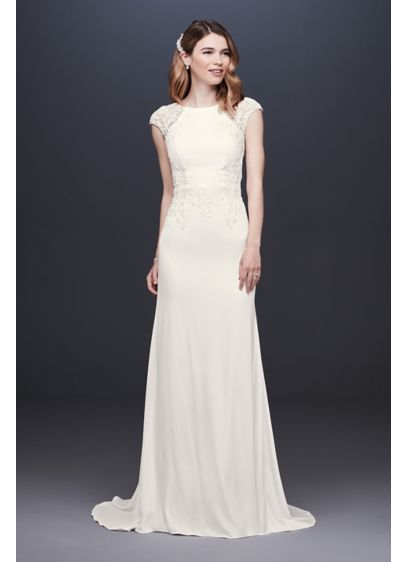 Crepe Cap Sleeve Sheath Wedding Dress David s Bridal Crepe Cap Sleeve Sheath Wedding Dress David s Bridal