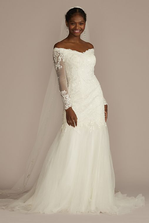David's Bridal Collection Long Sleeve Lace and Tulle Trumpet Wedding Dress