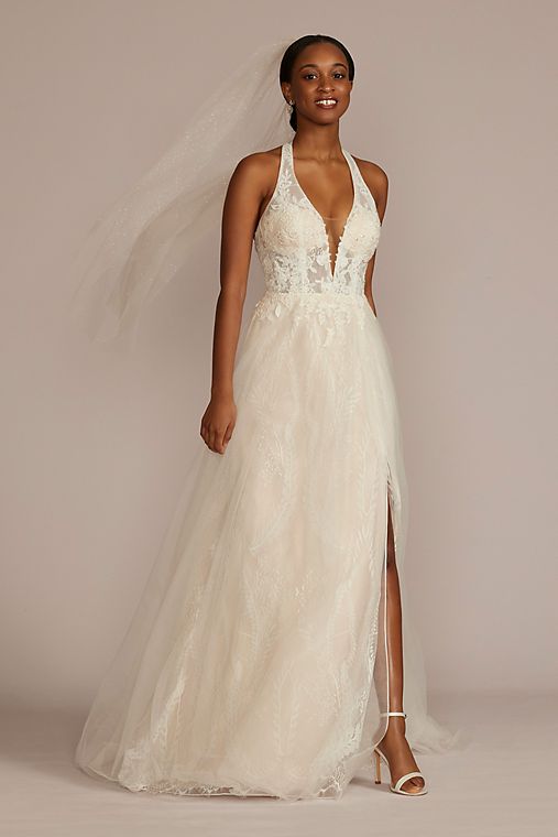 DB Studio Lace Applique Halter A-Line Wedding Dress