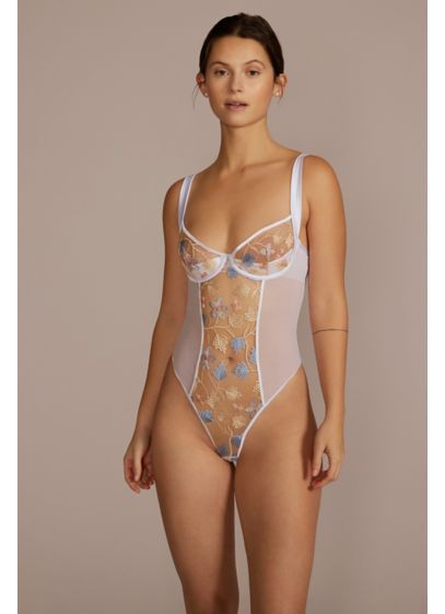 Floral Embroidered Mesh Bodysuit with Keyhole Back - Floral embroidery embellishes the center panel and push-up