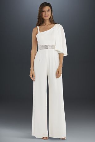 Drape-Shoulder Jersey Jumpsuit with Crystal Waist | David's Bridal