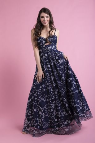 Blondie Nites Glitter Floral Print Ball Gown with Bodice Cutout