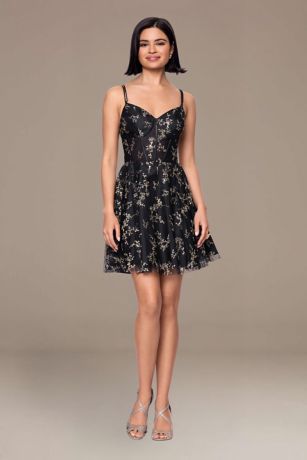 Picture of Glittered Floral Lace-Up Back A-Line Mini Dress