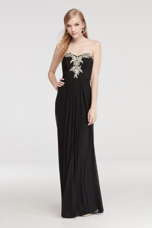 black and gold strapless prom dress