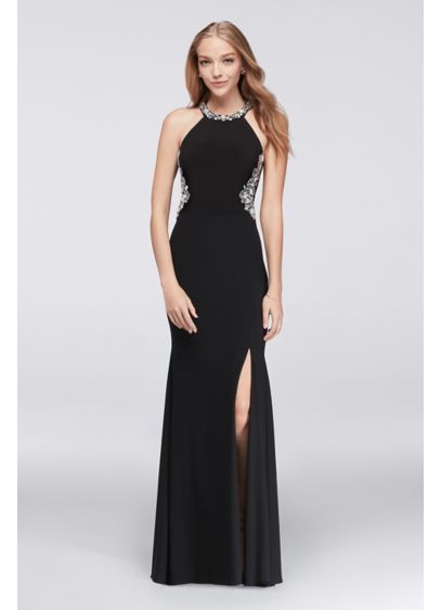 Beaded Illusion Halter Dress with Contrast Lining - Davids Bridal