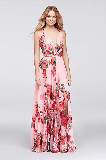 Slit Skirt Floral Chiffon A-Line Gown