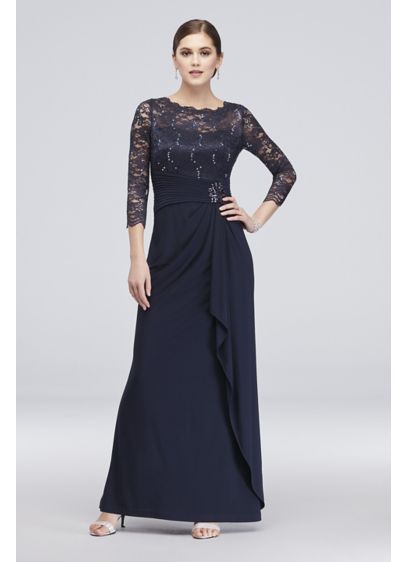 Long-Sleeve Lace and Jersey Cascade Dress | David's Bridal