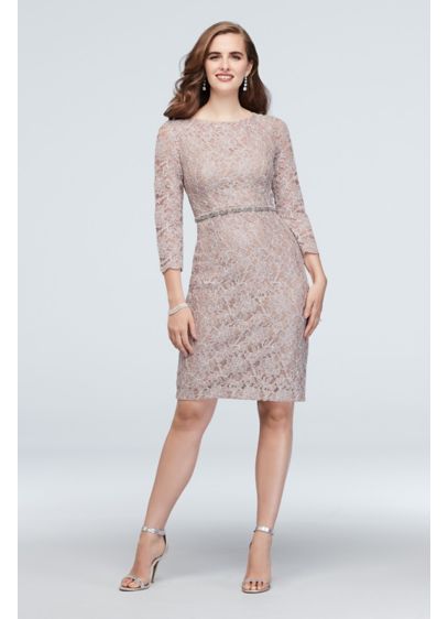 Glitter Lace 3/4-Sleeve Cocktail Dress with Belt | David's Bridal