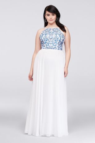 xscape plus size embroidered gown