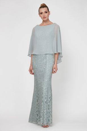 lace mermaid dress with beaded chiffon capelet