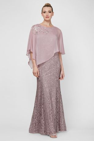 lace mermaid dress with beaded chiffon capelet