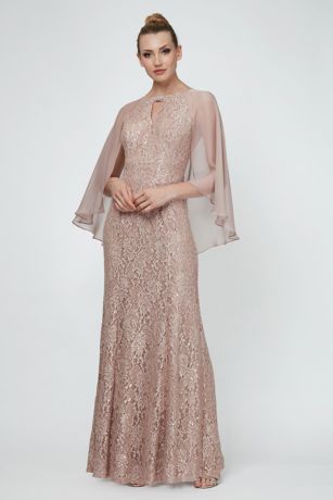 lace mermaid dress with beaded chiffon capelet