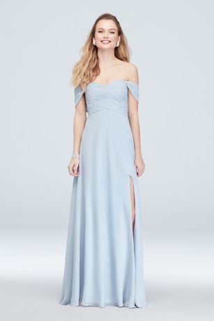 light blue off the shoulder bridesmaid dress