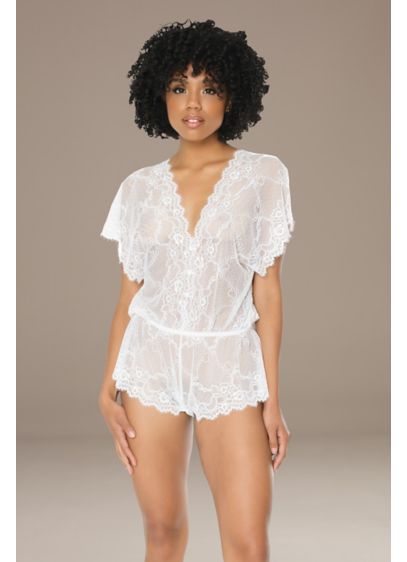 Coquette Sheer Scalloped Lace Plunging Romper - This romantic romper is crafted of sheer lace