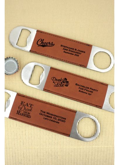 Brown Faux Leather Paddle Bottle Openers - Cheers to the happy couple! Heavy duty personalized