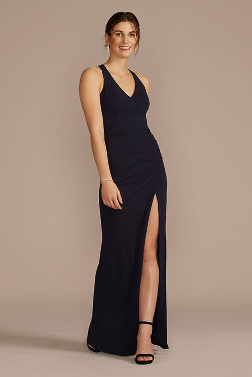 City Triangles Ruched Crepe Halter Neck Sheath with Slit