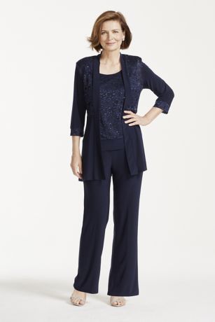 mock two piece lace and jersey pant suit